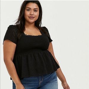 Black Eyelet Smocked Midi Peplum Top